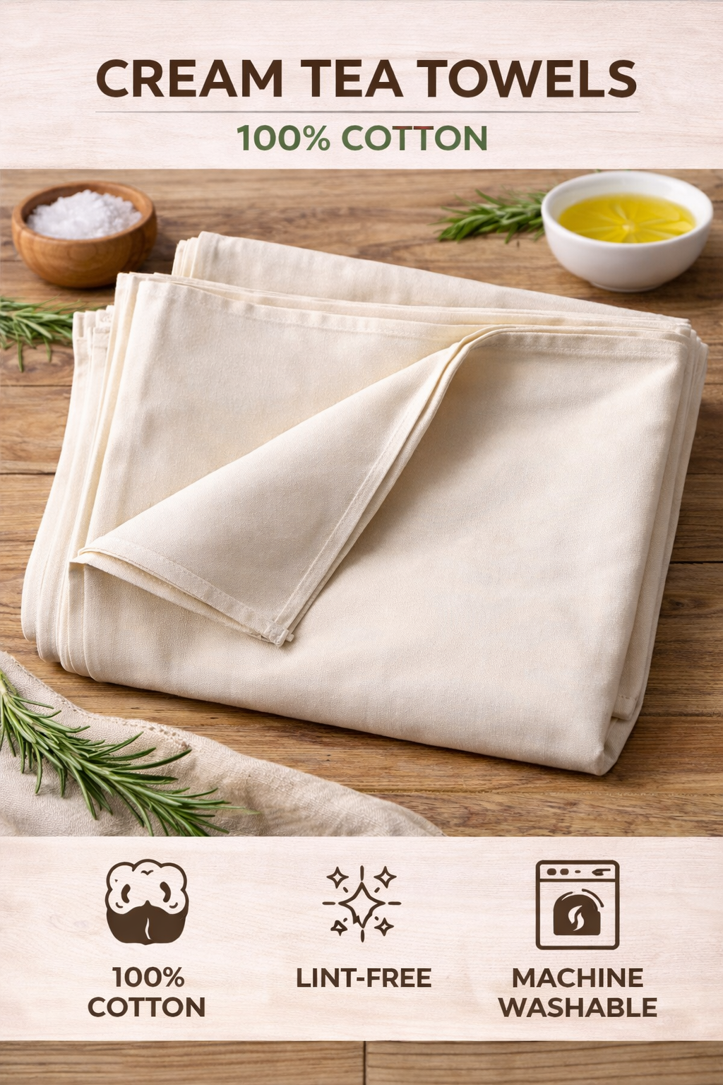 Premium Cream Cotton Tea Towels – 200 GSM | 45 × 70 cm | Pack of 5