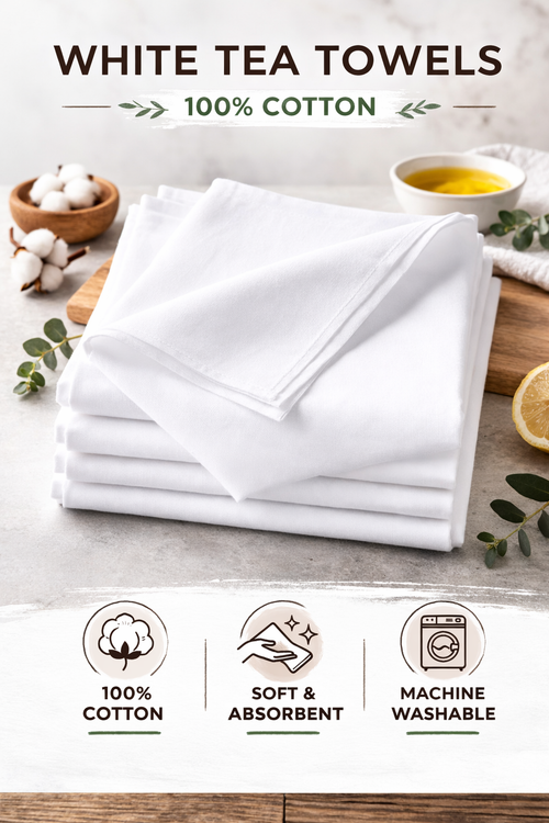 Premium White Cotton Tea Towels – 220 GSM | 45 × 70 cm | Pack of 5