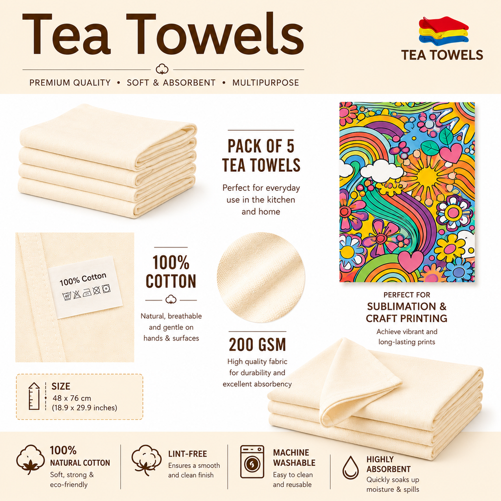 Premium Cream Cotton Tea Towels – 200 GSM | 45 × 70 cm | Pack of 5