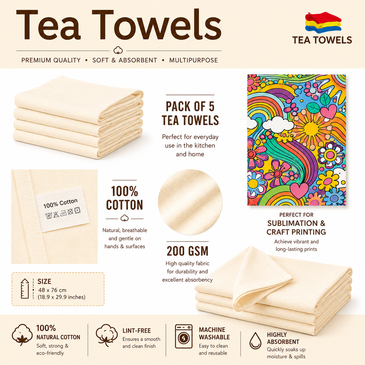 Premium Cream Cotton Tea Towels – 200 GSM | 45 × 70 cm | Pack of 5
